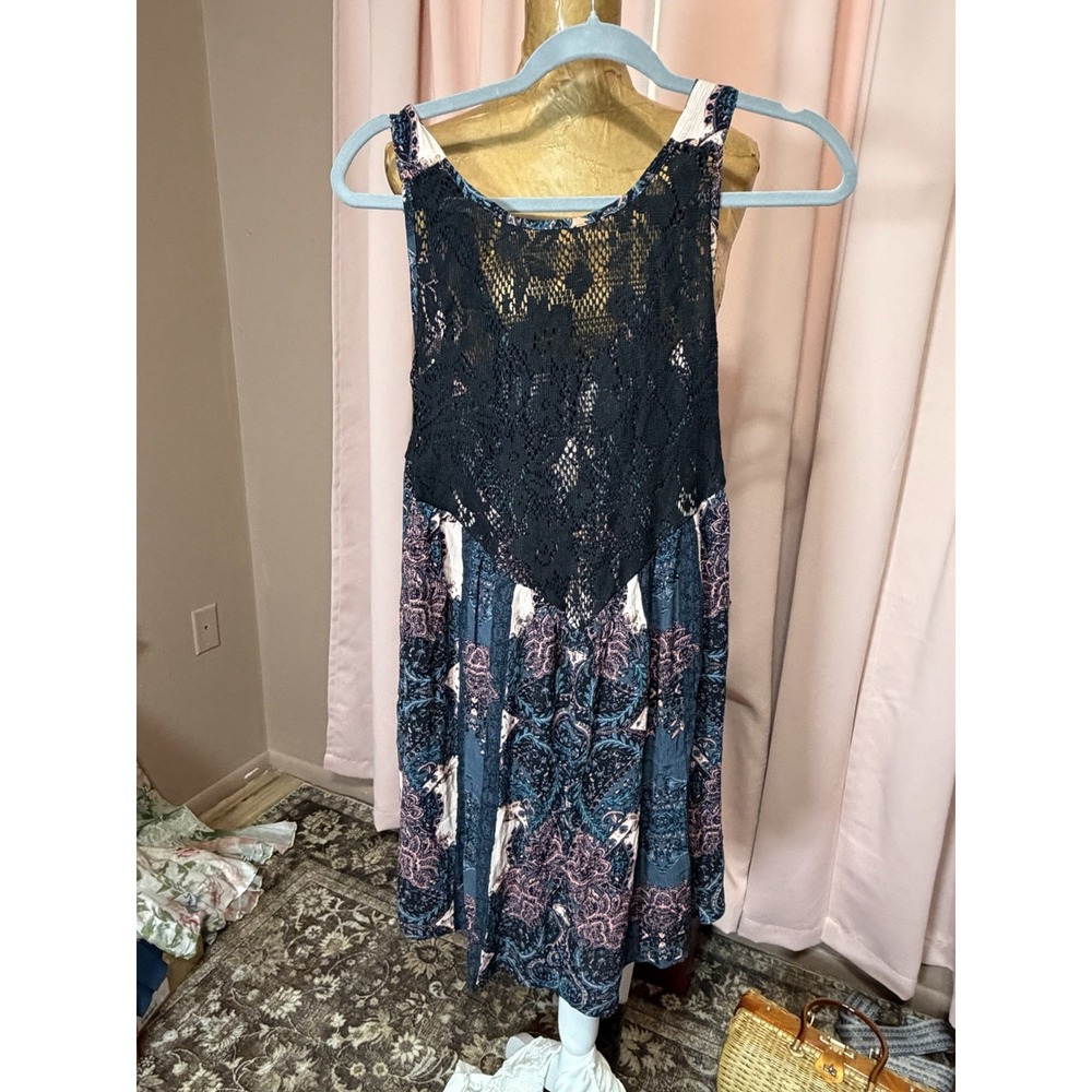 NWT Free People S Black Boho Trapeze Tunic Top Floral Sleeveless Lace MSRP $88